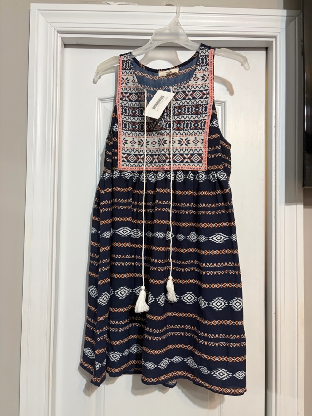 tentree Navy Aztec Sleeveless Dress with Coral Trim